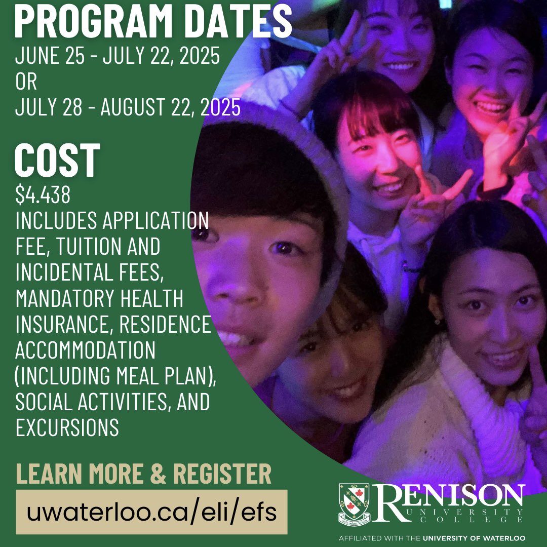 Get ready for an incredible summer in Canada. Come study with us in English for Success! 🇨🇦 🍁 

EFS is an exciting 4-week English immersion program offered in #Canada’s summer months.

🔗 Learn more: uwaterloo.ca/eli/efs 

#studyabroad #studyincanada #educanada #esl