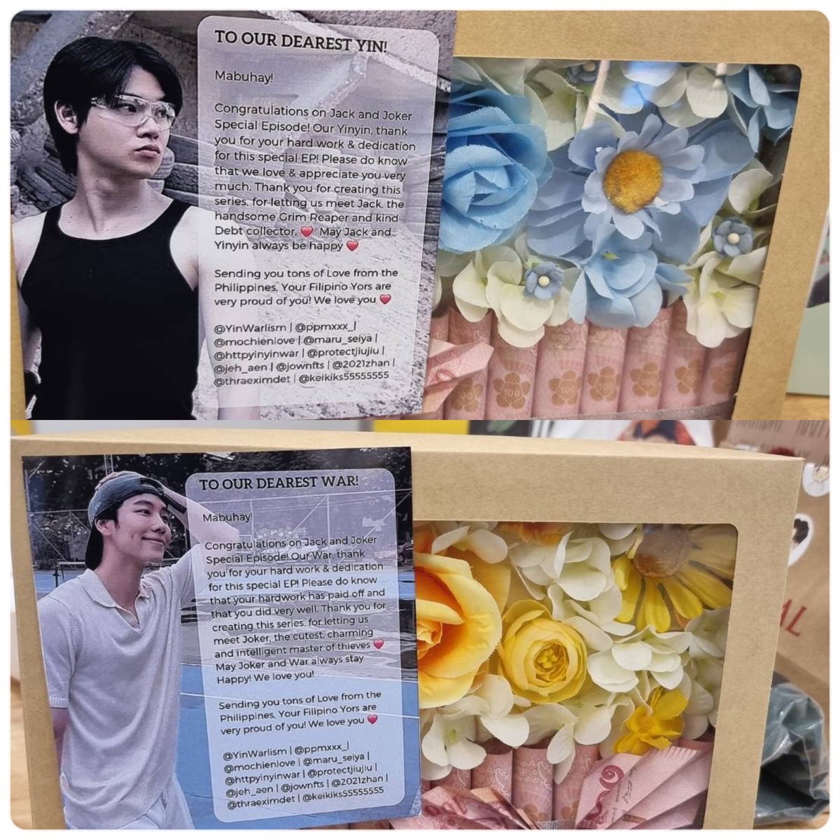 PH_MooYors's tweet photo. Philippines MooYors support for Yin and War’s Jack and Joker Special Episode ❤️ Thank you to everyone who joined the support project! ❤️🙏❤️ 

To YinWar, Mahal namin kayo! ❤️ (We Love you!)
Filipino Yors are very proud of you! ❤️

@YinWarlism | @ppmxxx_ | @mochienlove | @maru_seiya | @httpyinyinwar |@protectjiujiu |  @jeh_aen | @jownfts | @2021zhan | @thraeximdet | @keikiks55555555

Special thanks to @AppleSoGoodGift for the lovely bouquet and for helping us take photos and videos ❤️ ขอบคุณคะพี 🫶🏻🫶🏻🫶🏻 

#JANDJSPECIALEP
 U STEAL MY HEART SPECIAL
#Yinyin_Anw #warwanarat #หยิ่นวอร์