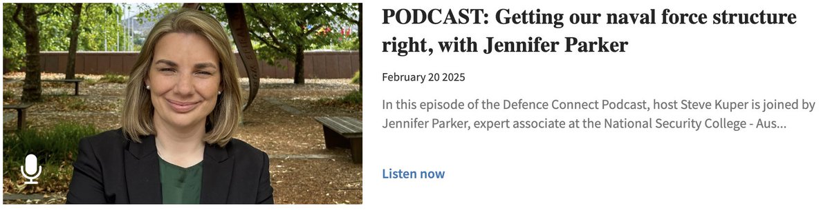 I was delighted to join <a href="/SteveKuper2/">Steve Kuper</a> on the <a href="/DefenceConnect/">Defence Connect</a> podcast to discuss the <a href="/Australian_Navy/">Royal Australian Navy</a>'s force structure. 

Listen to the full conversation below, or wherever you get your podcasts.

<a href="/UNSWCanberra/">UNSW Canberra</a> <a href="/AusNavInst/">Naval Institute</a> <a href="/NSC_ANU/">ANU National Security College</a> 

Link here:
defenceconnect.com.au/joint-capabili…