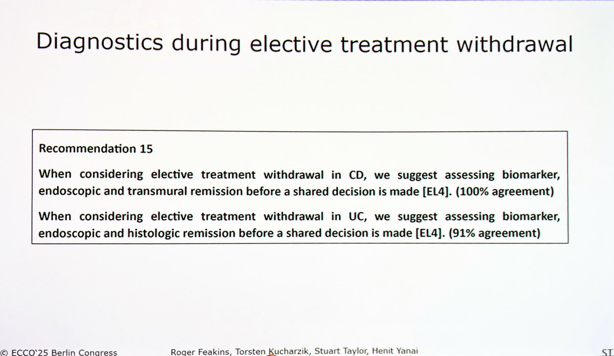 Seb (@ibdseb) on Twitter photo #ECCO2025
Multi society consensus on diagnostic and monitoring 
This 👇is perhaps the most relevant relating to treatment withdrawal  - pragmatic and sustainable #ECCO2025
Multi society consensus on diagnostic and monitoring 
This 👇is perhaps the most relevant relating to treatment withdrawal  - pragmatic and sustainable