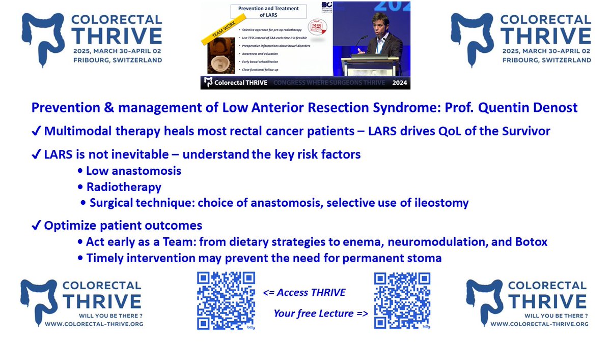 Michel Adamina (@micheladamina) on Twitter photo Survival & quality of life matter most for rectal #cancer patients. LARS is a key driver of QoL
Prof. <a href="/QDenost/">Quentin Denost</a> shares his expertise in a free lecture
colorectal-thrive.org/#free-lectures
Key risk factors are for #LARS:
- Low anastomosis
- Radiotherapy
- Ileostomy
🧵1/2 Survival & quality of life matter most for rectal #cancer patients. LARS is a key driver of QoL
Prof. <a href="/QDenost/">Quentin Denost</a> shares his expertise in a free lecture
colorectal-thrive.org/#free-lectures
Key risk factors are for #LARS:
- Low anastomosis
- Radiotherapy
- Ileostomy
🧵1/2