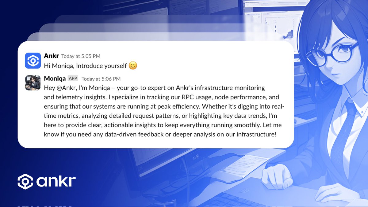 geulink's tweet photo. The agentic era is on๐ฅ
#Moniqa is already at work -you can't beat the reach!
Moniqa is @ankr 's unique AI agent which specializes in retrieving & analyzing real-time & historical telemetry data like detailed RPC usage, geographic traffic patterns for #ANKR 's blockchain infra https://t.co/A1Zg23rKhT