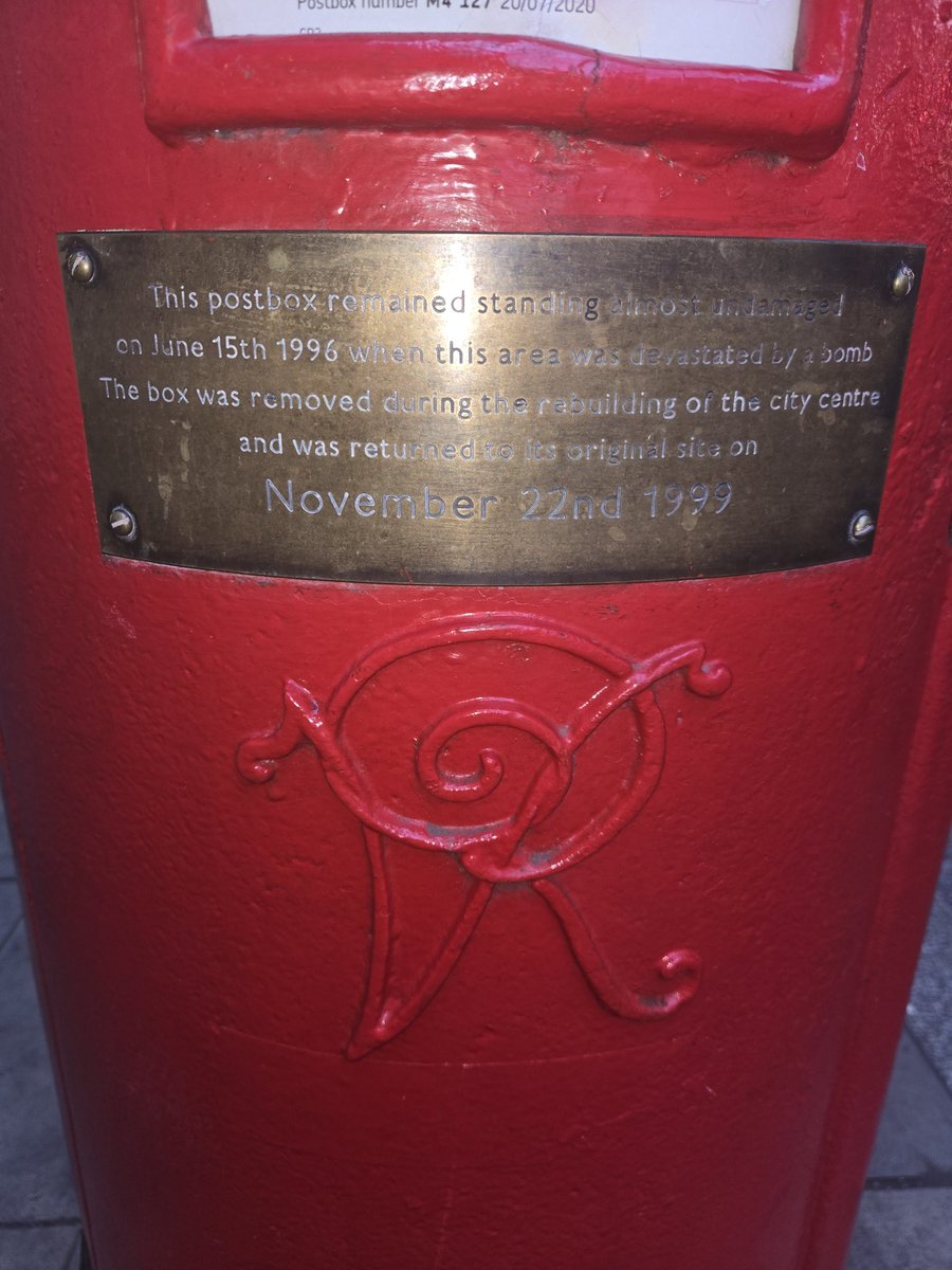 The famous indestructible postbox that survived the 96 IRA bomb in #Manchester with barely a few marks, while everything around it was decimated for today's ##PostboxSaturday <a href="/letterappsoc/">Handwritten Letter</a> #letter complete with a lovely VR cypher. Pic from 96, courtesy of <a href="/BBCNews/">BBC News (UK)</a>