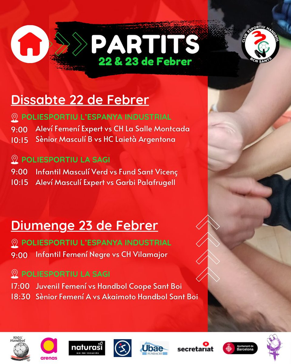 CEH BCN SANTS UBAE (@handbolbcnsants) on Twitter photo Horaris dels partits del cap de setmana, una jornada que comença ja divendres.
💪🏾Som-hi BCN, som-hi Sants!
#HandbolBcnSants #BcnSants #Handbol #HandbolCatalà #Sants
<a href="/MolsaBiosants/">Molsa Bio Sants</a>
#arenasdebcn
<a href="/sants_esports/">SANTS ESPORTS</a>
<a href="/secretariat_shb/">Secretariat SHB</a>
<a href="/FedCatHandbol/">Federació Catalana d’Handbol</a>
<a href="/elconsell/">El Consell</a> Horaris dels partits del cap de setmana, una jornada que comença ja divendres.
💪🏾Som-hi BCN, som-hi Sants!
#HandbolBcnSants #BcnSants #Handbol #HandbolCatalà #Sants
<a href="/MolsaBiosants/">Molsa Bio Sants</a>
#arenasdebcn
<a href="/sants_esports/">SANTS ESPORTS</a>
<a href="/secretariat_shb/">Secretariat SHB</a>
<a href="/FedCatHandbol/">Federació Catalana d’Handbol</a>
<a href="/elconsell/">El Consell</a>