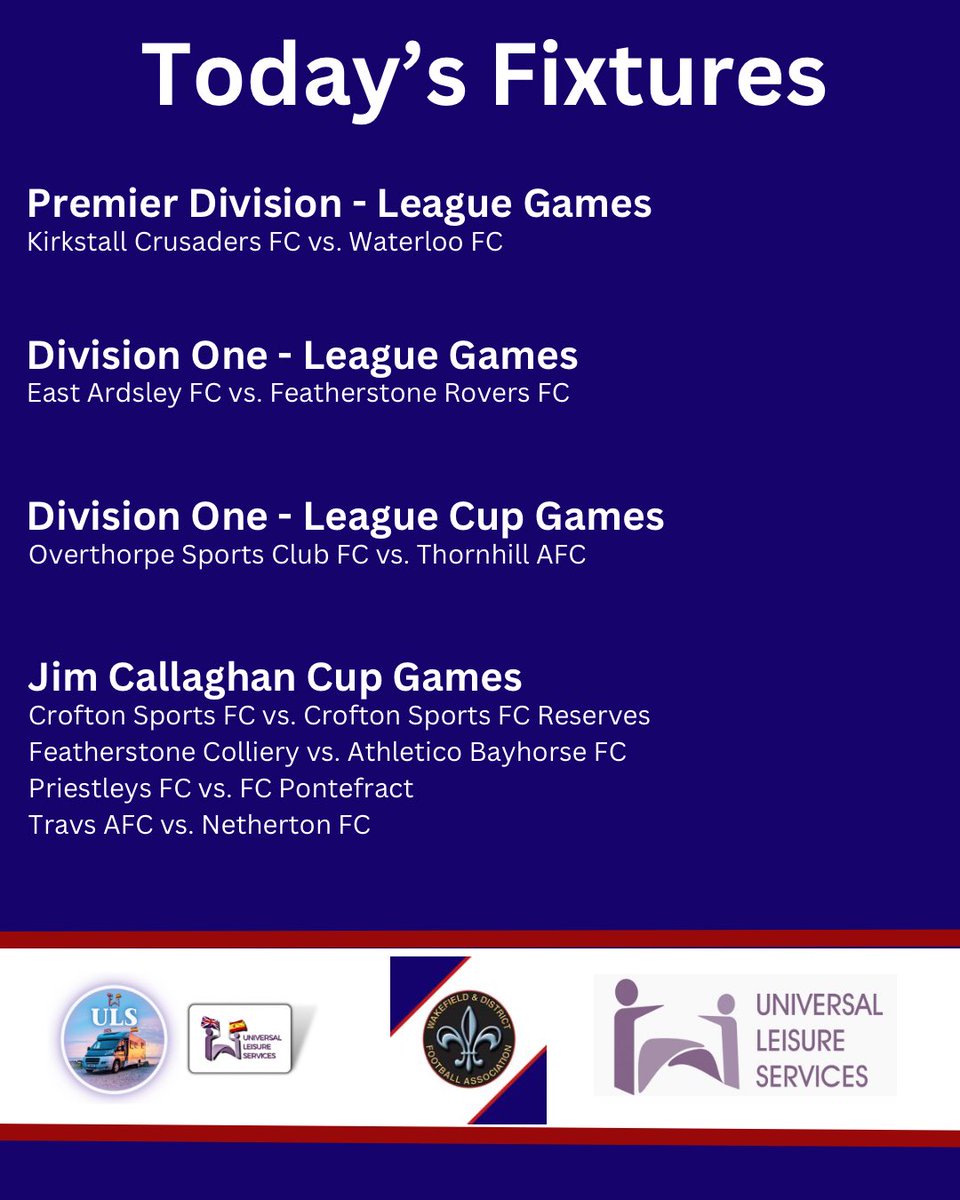 Here’s a round up of today’s fixtures across the divisions. ⚽️

#WDFA #SaturdayLeague #JCC #PremierDivision #DivisionOne #LeagueCup