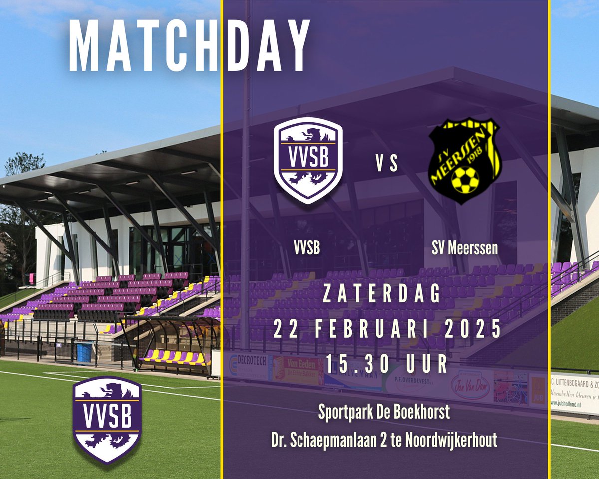 VVSBNWHout's tweet photo. 💜💛 MATCHDAY! 💜💛

🆚 @Svmeerssen1
🕝 15.30 uur
🏟️ Sportpark De Boekhorst, Noordwijkerhout
🏆 Derde divisie B
#⃣ #vvsmee https://t.co/d4M7iTnMlk