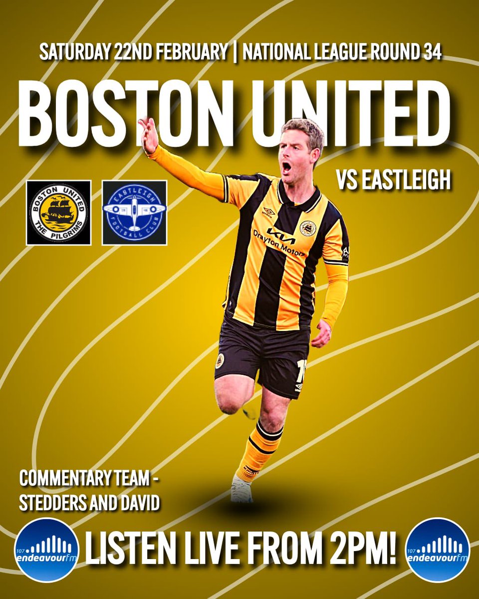A home game for <a href="/bostonunited/">Boston United</a> means the sports team at <a href="/endeavourfm/">107 Endeavour FM</a> has you covered this afternoon! The pilgrims welcome <a href="/EastleighFC/">Eastleigh FC</a> to town with another 3 vital points on offer. Join <a href="/DStedders/">Stedders</a> and <a href="/DavidGatensNEW/">David Gatens</a> from 2pm on all the usual platforms also live on TikTok! 🟠⚫️⚽️