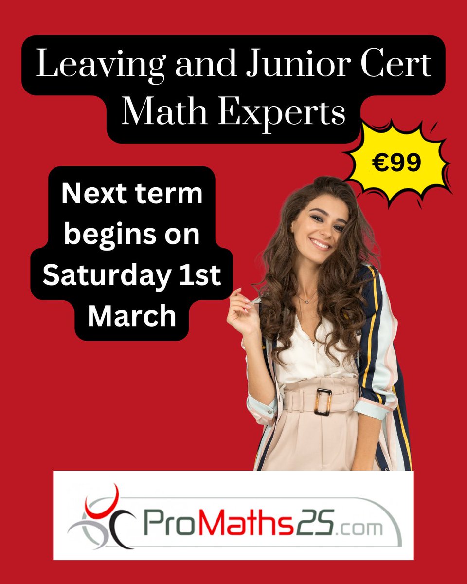 ProMaths25's tweet image. 🎉 Junior and Leaving Cert Maths 🎉

📅 Starting 1st March 2025

💸 Only €99 per term

🌟 Fantastic student reviews on Google

👩‍🏫 Experienced tutors and state examiners with 25+ years of experience📈✨

🔗 Enroll now: promaths25.com

#ProMaths25 #MathSuccess
