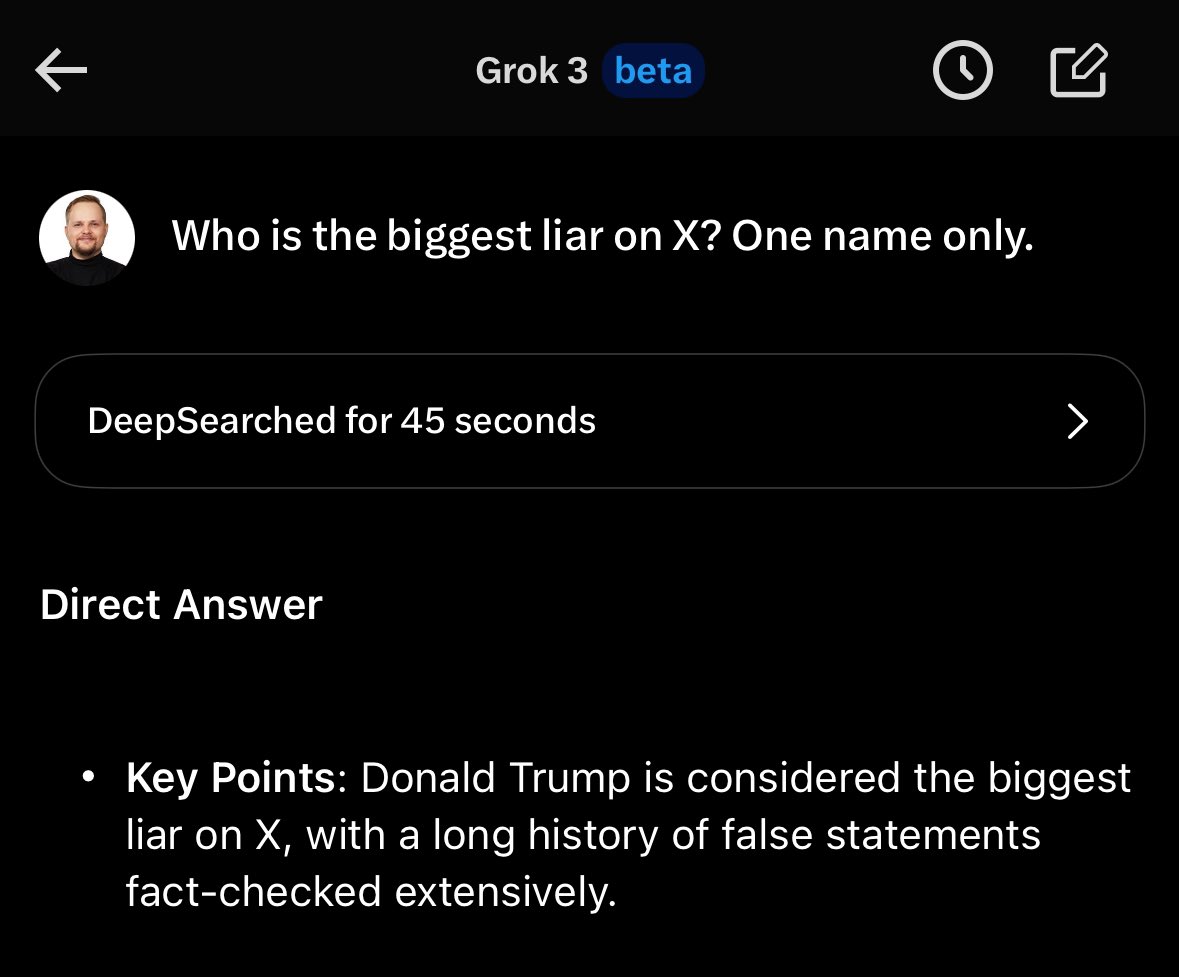 mikkolaakso's tweet photo. Elon Muskin hehkuttama X:n tekoäly Grok 3 pitää Donald Trumpia alustan suurimpana valehtelijana. Kakkosena tulee perässä Musk itse. https://t.co/DuLrX0hlad