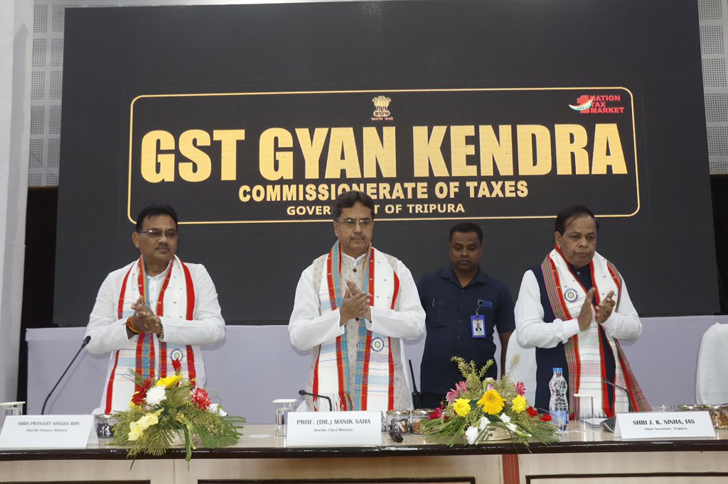 DrManikSaha2's tweet photo. The taxpayers are one of the main partners in development. Keeping this in mind, the Union Government led by Hon'ble PM Shri Narendra Modi ji introduced the GST in 2017. In this direction, the state government is also actively working to create a taxpayer-friendly environment through improved modern infrastructure and procedural simplification.

Today, inaugurated the GST awareness campaign and GST Knowledge Center at the Pragna Bhavan in Agartala, organized by the Tax Organization and State Finance Department. 

Also honoured prominent taxpayers and officials of the department & launched anti-fake registration campaign, unveiled new logo, and introduced the 'Kara Sathi' WhatsApp chatbot.