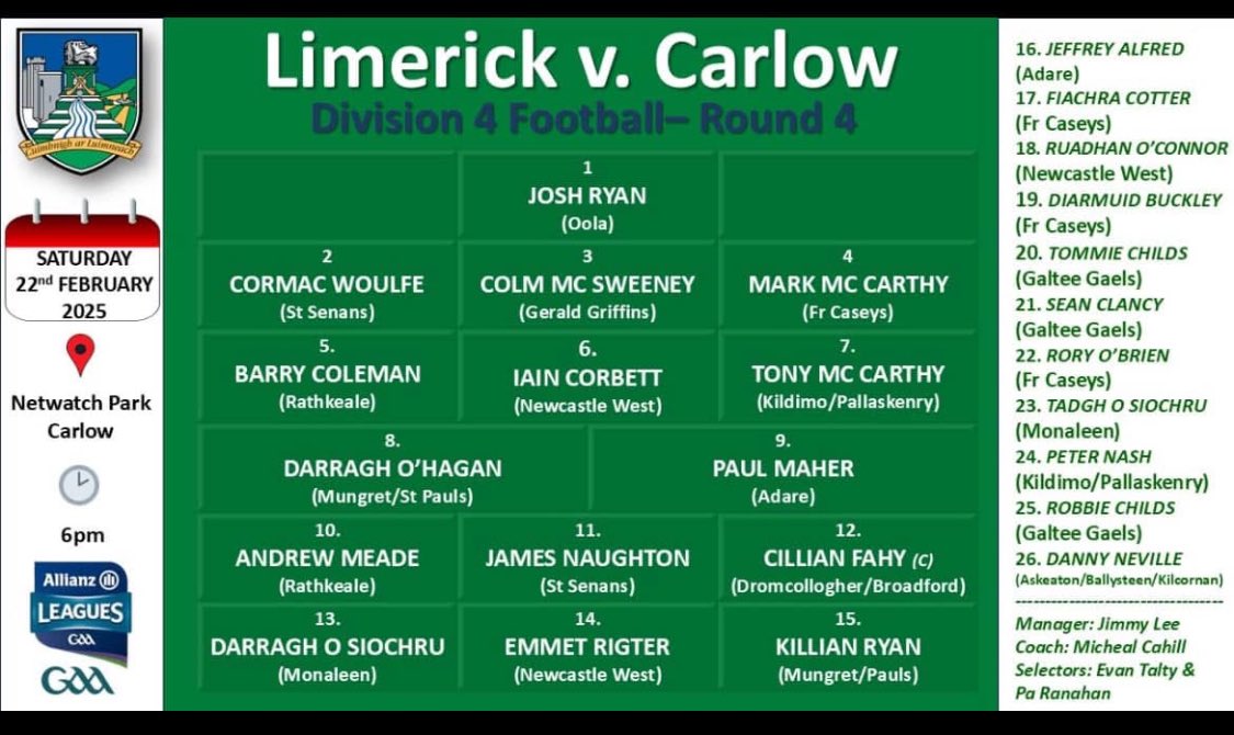 LmkFootballers's tweet photo. The Limerick Senior Football team that will face Carlow this evening in the Allianz Football League Division 4 Round 4, in Netwatch Cullen Park, at 6pm has been named. https://t.co/3lOi8QHjcq