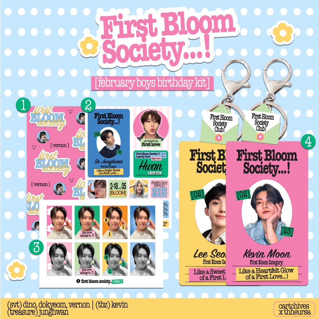suniabs's tweet photo. (rts + likes are v appreciated!) interest check ⭐️🍀💗

haai aku &amp; @kyeoikh mau open feb boys bday kit ini! (for tbz kevin, svt dino vernon dokyeom &amp; treasure junghwan)

★ if anyone is interested you can kindly drop your @ below thank you! <3 https://t.co/sQlFPagm9U