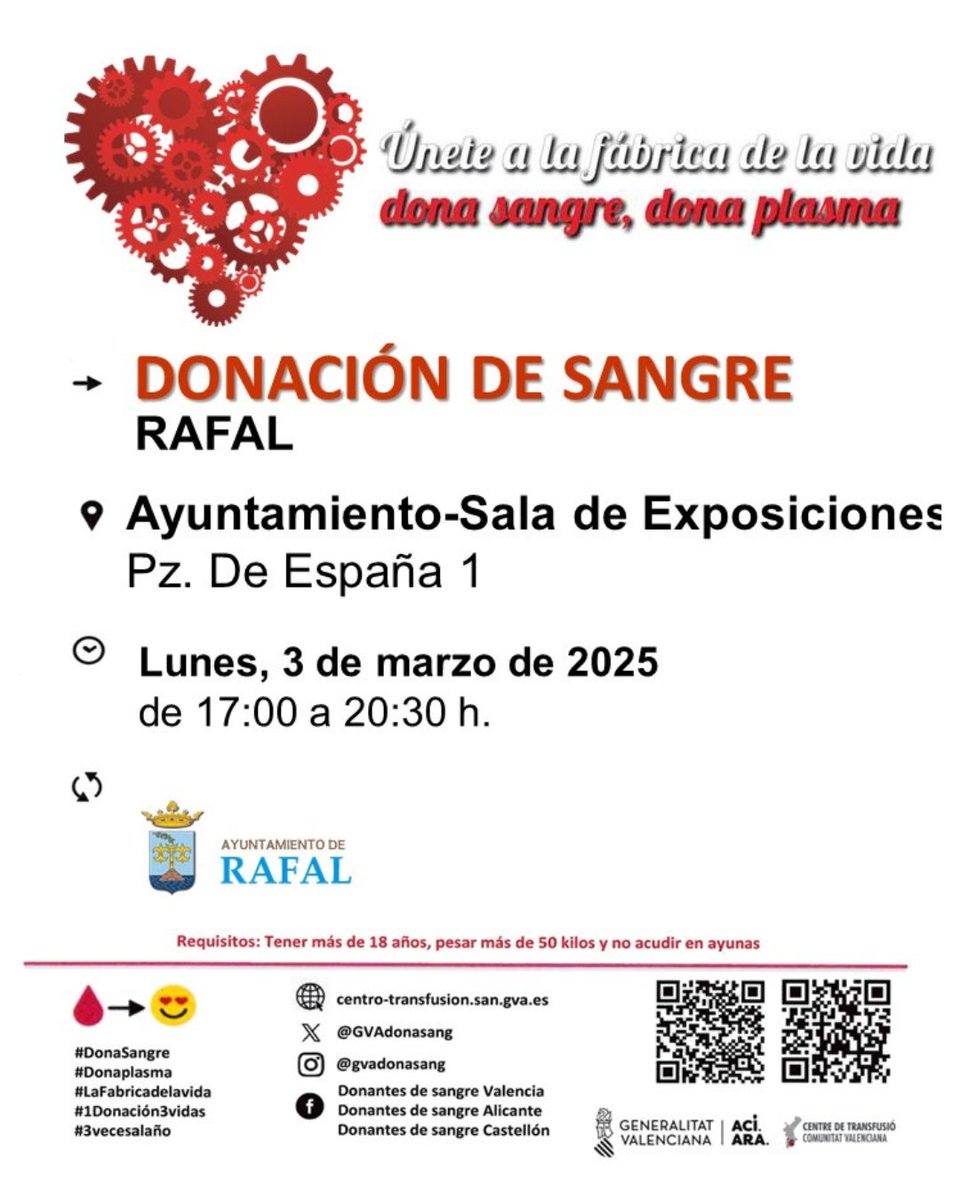 AytoRafal's tweet photo. 📌 Nueva jornada de donación de sangre en #Rafal el próximo 📆 lunes 3 de marzo en la sala de exposiciones. Te esperamos de 🕐 17.00 a 20.30 horas. ¡Muestra tu solidaridad con los que más lo necesitan! ❤️🩸

@GVAdonasang 

#OrgulloDeRafal https://t.co/yIGabqu1Mb