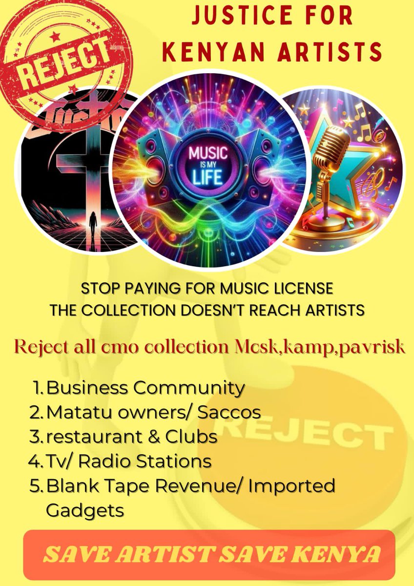 Stop paying for music license. The collection doesn’t reach artists.

Instead goes to the secretariat headed by <a href="/EzekielMutua/">Dr. Ezekiel Mutua, MBS</a>