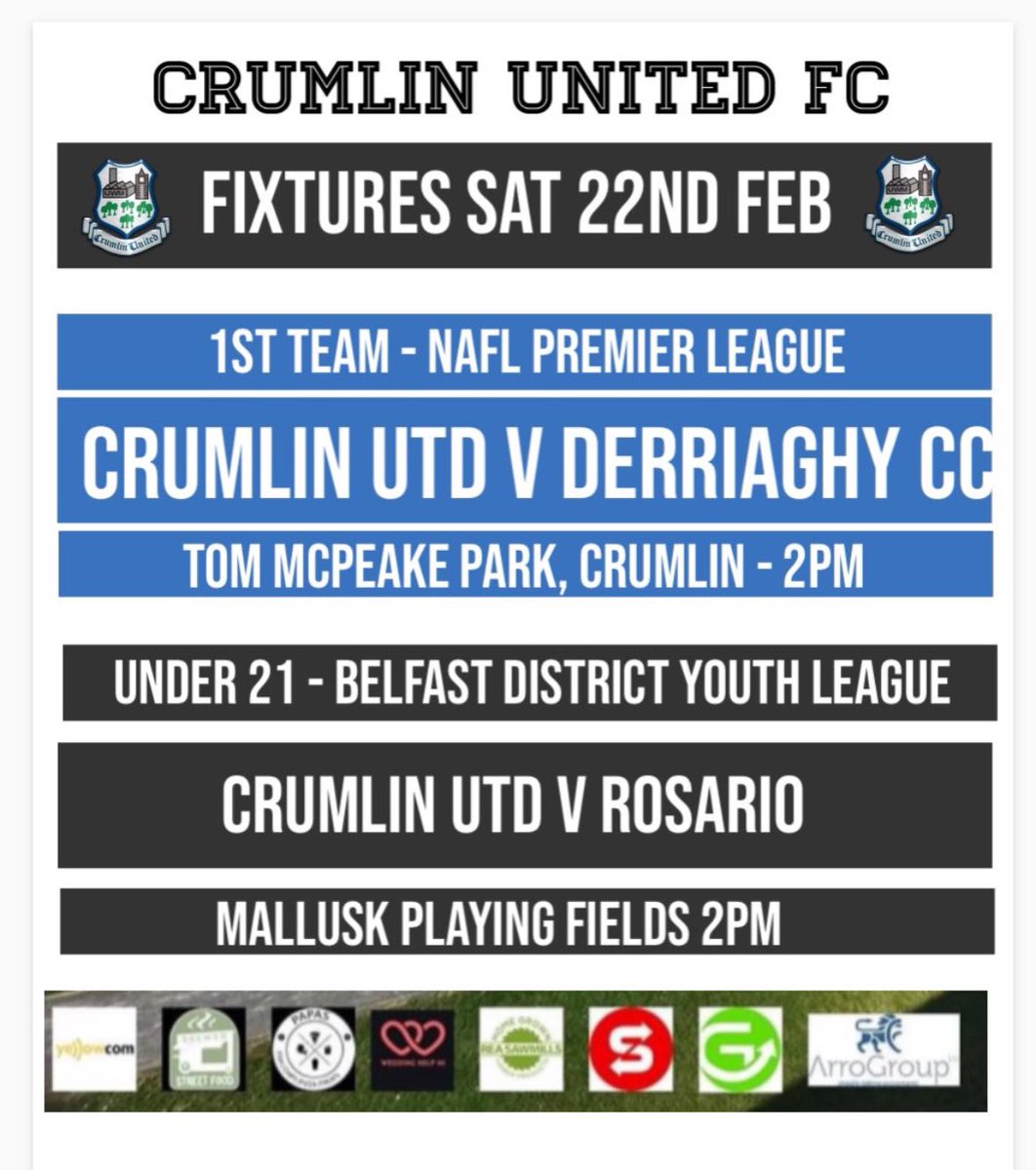 CrumlinUnitedFC's tweet photo. ๐ตโซ๏ธMATCHDAY
1st Team
๐ Derriaghy CC
๐ NAFL Prem
๐๏ธ Tom McPeake Park
๐ 2pm
Under 21
๐ Rosario YC
๐ BDFL Under 21
๐๏ธ Mallusk Playing Fields
๐ 2pm
CUFC 2nd Team have no fixture today
All support welcome
#CUFC #teamCUFC #oneclub https://t.co/Ky8m6ycrTa