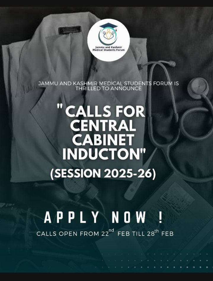 JKMSFOFFICIAL's tweet photo. As we bid farewell to the outgoing cabinet, we welcome a new era of leadership and governance.
 The call for central cabinet induction 2025-2026 marks an exciting opportunity for fresh perspectives, innovative ideas, and progress. 
Calls are open from Feb 22 to Feb 28.
#jkmsf https://t.co/cwUqV8LxHU