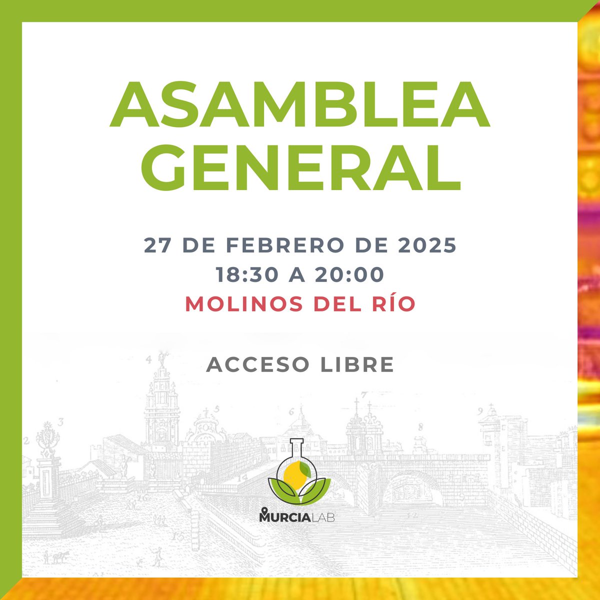 murcia_lab's tweet photo. Si quieres un municipio más paseable🚶, ciclable 🚲, respirable 🫁, verde 🌳y azul ⛲️, dinámico e inclusivo, ven a la asamblea general. 
¡Te esperamos! https://t.co/8Qssopep4O