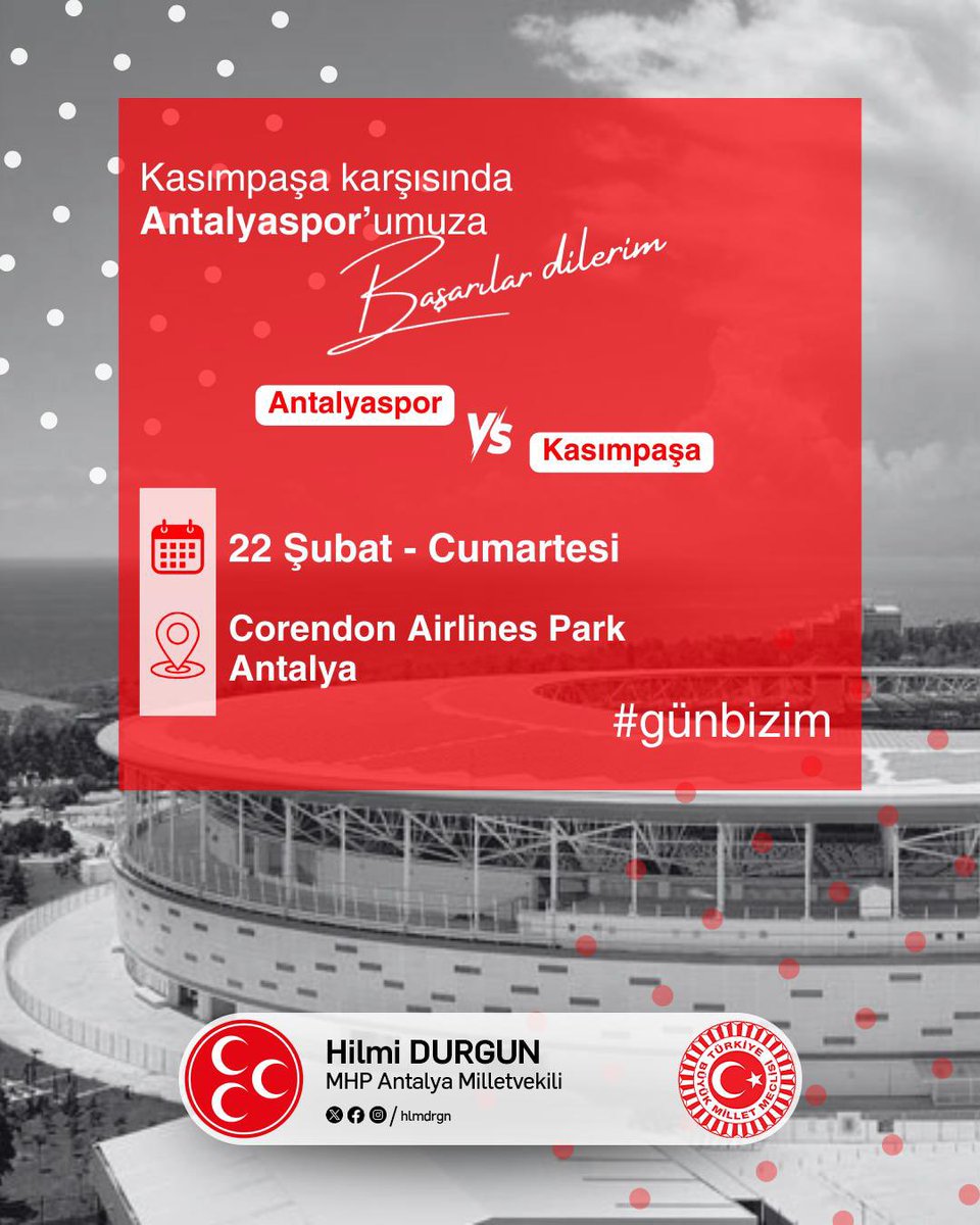 Süper Lig 25.hafta mücadelesinde Antalyaspor’umuz, Kasımpaşa’yı konuk ediyor. Tüm oyuncularımıza ve teknik ekibimize başarılar diliyorum.

#günbizim