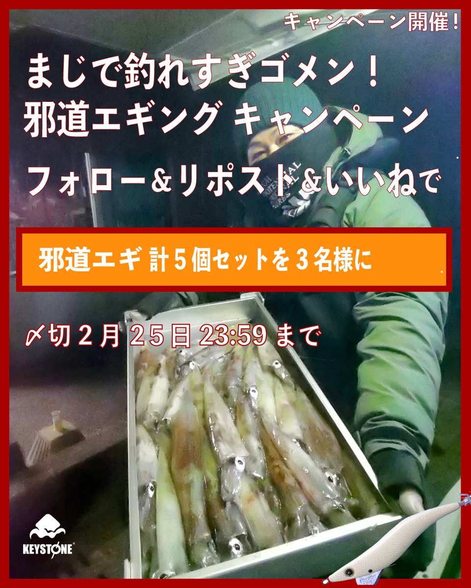 keystone_squid's tweet photo. 🎣✨ 『まじで釣れすぎゴメン！邪道エギング キャンペーン2025』開催！🎁🐙✨

『全国で爆釣中の邪道エギングによるヤリイカ！あまりの釣れっぷりにSNSでも話題沸騰中です。今こそ、その威力をあなたの手で確かめてみませんか？』

今回は、超短期決戦で、2月25日(火)23:59まで！

感謝の気持ちを込めて、抽選で 総勢3名様 に邪道エギをプレゼント！🎁✨

🏆 3名様に邪道���ギ 5個セット 🎁
　📍 厳選5種類の邪道エギをお届け！

✨ この数週間、ヤリイカ50～100杯超え多数報告あり！
✨ 極寒の2月は年に１度の爆釣シーズンです！
✨ 邪道なエギングに挑戦してみましょう！
✨ 凄過ぎるこの釣れっぷり！

さまざまな状況に対応できる厳選ラインナップ！🔥

📣 応募条件
🎯 実釣で使っていただける方！

📣 応募方法
このアカウントをフォロー 🐙👉 
この投稿をリポスト🔄 & いいね❤️
当選者には直接DM📩をお送りします！

⏰ 締切
📅 2月25日 23:59まで

⚠️ 注意事項
・既にフォローいただいている方も対���です✨
・過去に当選された方も対象です✨
・カラーはお選びいただけません🎨
・転売目的応募、転売行為は禁止です🚫
・2/27までに当社からの発送を予定しています。
・鍵アカウントはリツイートの確認ができないため、プレゼントキャンペーン対象外となります。

🎁 「邪道エギング」を体験するチャンス！ 🎣✨
たくさんのご応募、お待ちしております🐙🔥

---------
【特別なお知らせ】本日2/22から、邪道エギのREVOLT特別カラーの販売開始しました！

このカラーは在庫がなくなり次第終了となります！キーストン ダイレクト ショップのみでの販売となります！

Webショップに関しては、

キーストン ダイレクト ショップ

で検索ください！
