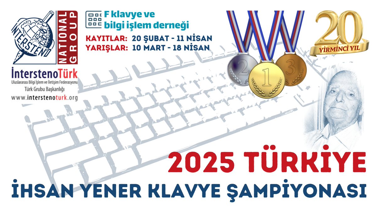 20. Yılını kutlayan 2025 Türkiye İhsan Yener Klavye Şampiyonası için kayıtlar, 20 Şubat itibarıyla başlamıştır! İntersteno Türk Grubu FEBİDER tarafından düzenlenen yarışa katılımlar, 10 Mart – 18 Nisan 2025 tarihleri arasında yapılacaktır.
interstenoturk.org/2025-turkiye-i…
