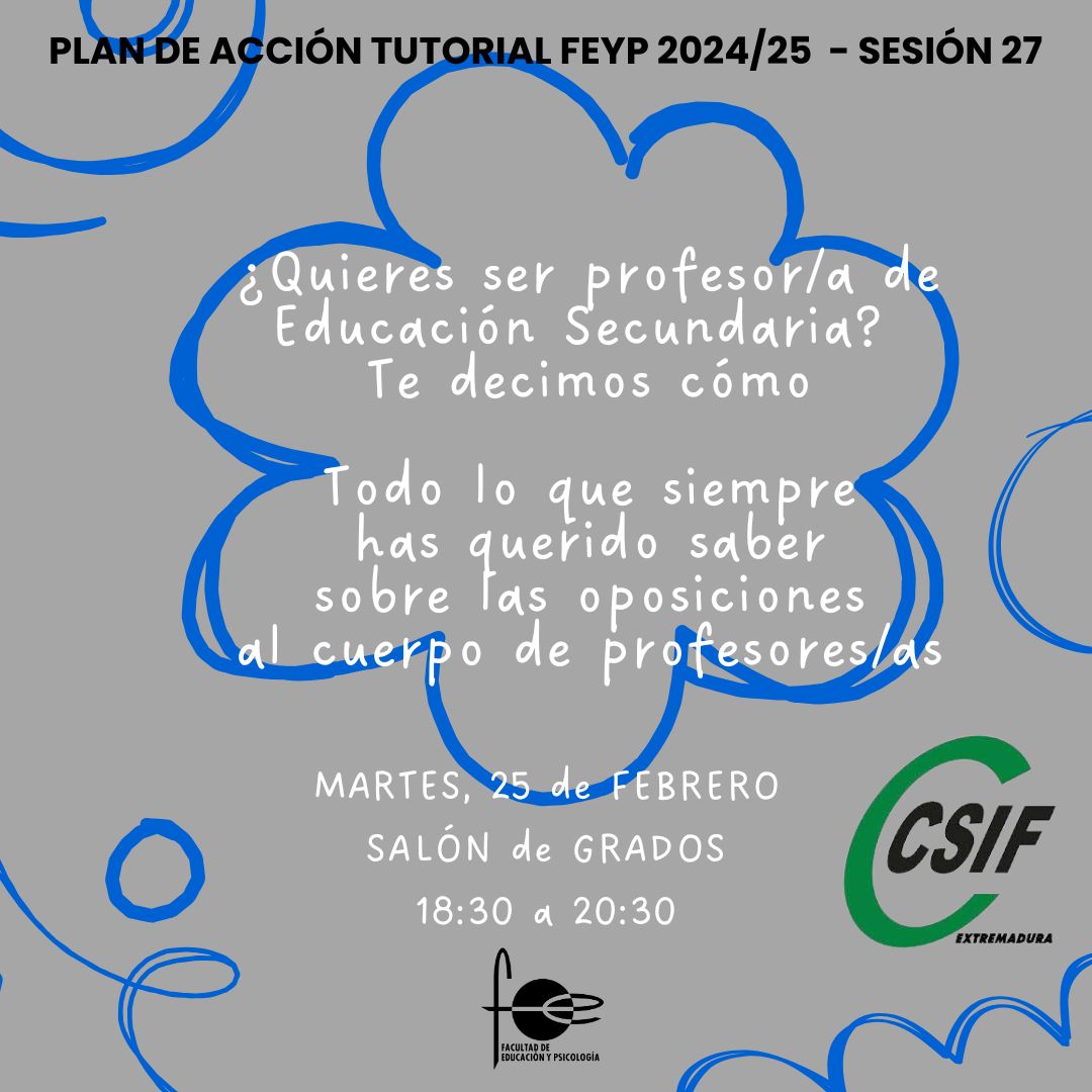 Este martes abordamos el proceso de oposición para el cuerpo de profesorado de Educación Secundaria con <a href="/CSIFExtremadura/">CSIF Extremadura</a> <a href="/CSIFenseEXT/">CSIF Educación EXT</a>

Os esperamos a las 18:30 en el Salón de Grados