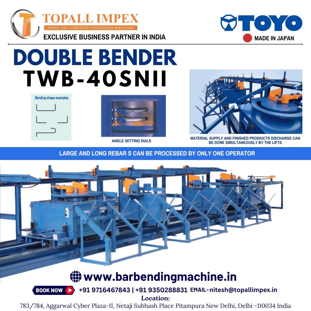 Topallimpex's tweet image. Introducing the TOYO DOUBLE BENDER TWB-40SNⅡ – Now Exclusively Available in India with Topall Impex!

Ideal for construction sites, precast plants, and infrastructure projects!
#RebarBender #RebarProcessing #ConstructionMachinery