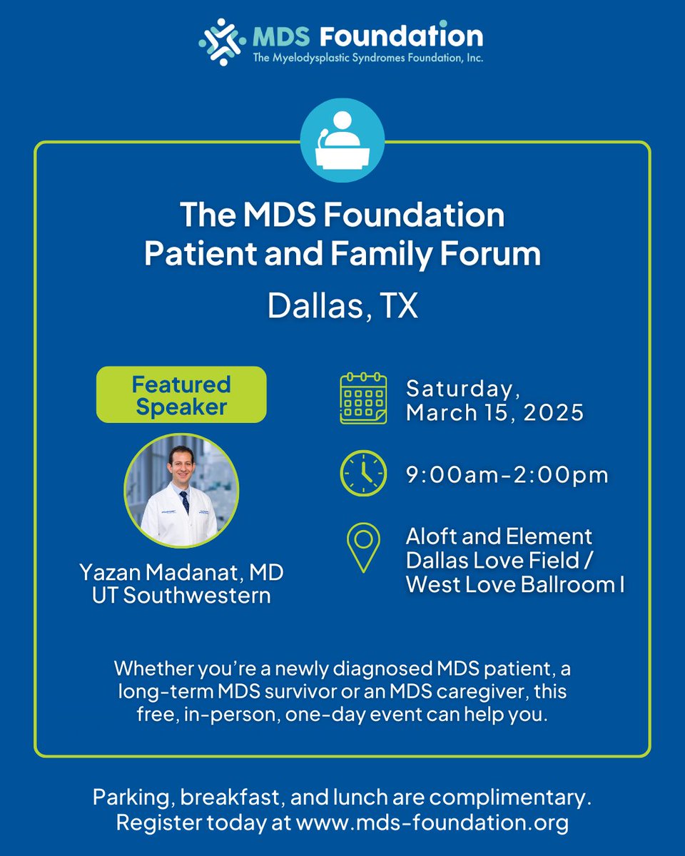 You’re invited to join us for the MDS Patient and Family Forum in Texas at the Aloft and Element Dallas Love Field on Saturday, March 15th.

Gain valuable insights from featured speaker, Yazan Madanat, MD from UT Southwestern.

Register today: bit.ly/3C62fOp