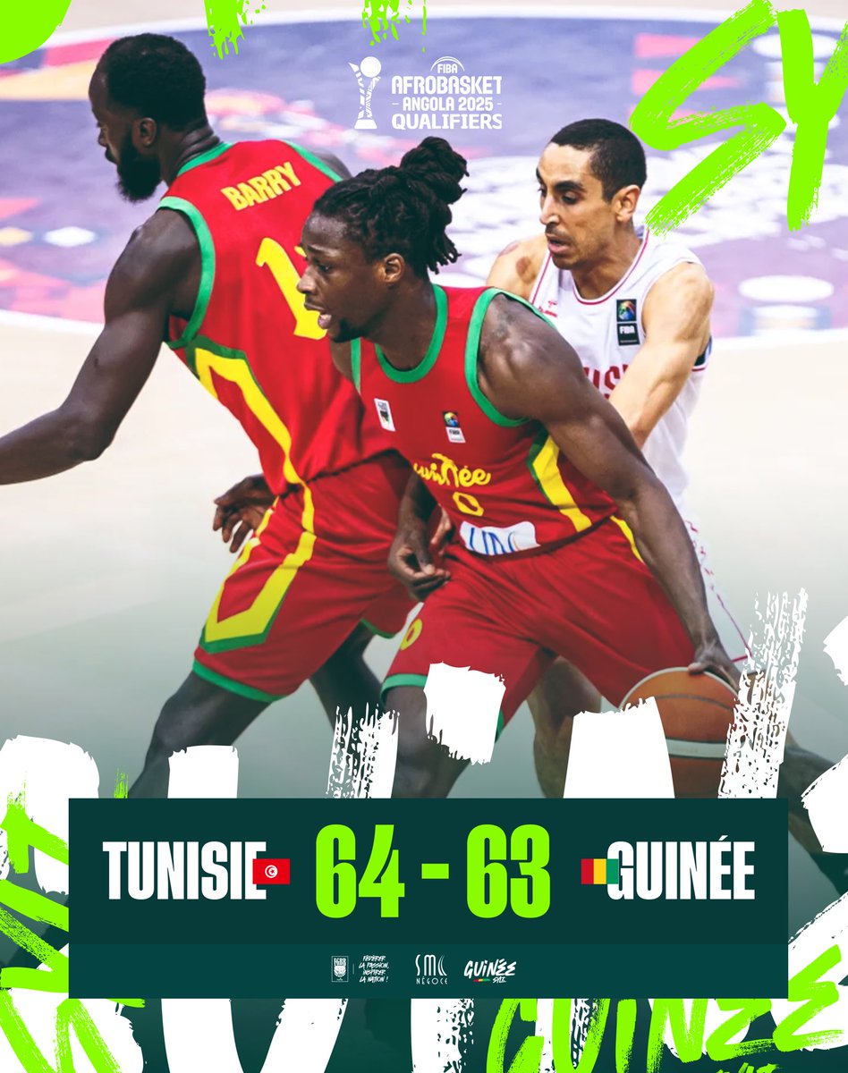 fgbb_officiel's tweet photo. La 𝐆𝐮𝐢𝐧𝐞́𝐞 🇬🇳 s’incline à la dernière seconde face à la 𝐓𝐮𝐧𝐢𝐬𝐢𝐞 🇹🇳(𝟔𝟒-𝟔𝟑) et devra aller chercher sa qualification face au 𝐊𝐞𝐧𝐲𝐚 demain (𝟏𝟎𝐡 𝐆𝐌𝐓, Grand Hall de 𝐓𝐫𝐢𝐩𝐨𝐥𝐢)… 

#FGBB #FEGUIBA #AfroBasket #FIBA https://t.co/YZq3PnZDBM