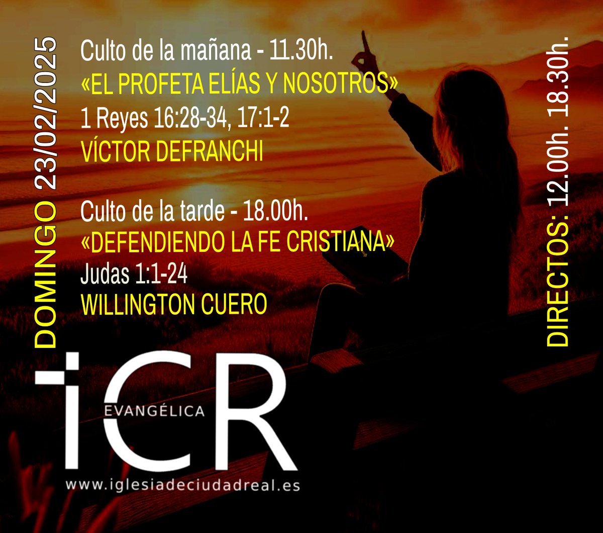 juanlagunalopez's tweet photo. PREDICACIONES 23/02/2025

Mañana – 11.30h: «EL PROFETA ELÍAS Y NOSOTROS» — 1 Reyes 16:28-34, 17:1-2 — VÍCTOR DEFRANCHI

Tarde ��� 18.00h: «DEFENDIENDO LA FE CRISTIANA» — Judas 1:1-24 — WILLINGTON CUERO

Directos a las 12,00h y a las 18,30h. En este enlace: https://t.co/tNzPqejqsu https://t.co/8A5x9iYlKT