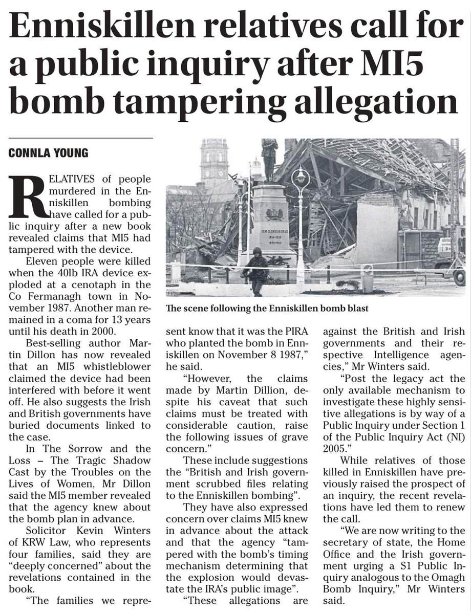 KRWLaw's tweet image. Enniskillen bomb relatives call for public inquiry following allegations that MI5 had interfered with the bomb’s timing mechanism, “determining that the explosion would devastate the IRA’s public image”. 

Kevin Winters instructed on behalf of four families.
