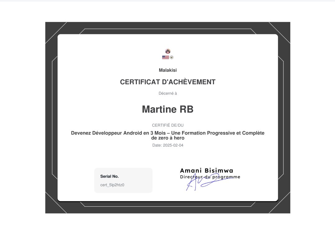 rbmartine89's tweet photo. Merci à toute l'équipe @Malakisi pour ce programme de trois mois ! Nous avons beaucoup appris et bien rigolé.
Et voilà enfin le résultat : mon tout premier certificat en programmation ! @AmaniBisimwa4
@louismusole1 
@gdgocucbukavu 
@BahigaTacite https://t.co/H5Ud89jckp