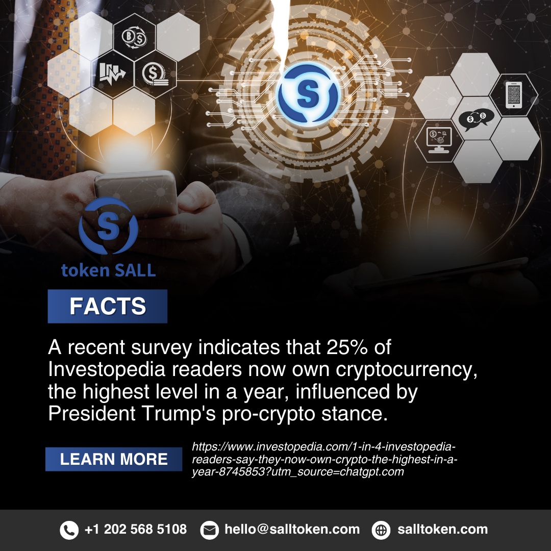 SALLtoken's tweet image. Facts: 🚀 A recent survey shows that 25% of Investopedia readers now own cryptocurrency, marking the highest level in a year. 

This surge is largely influenced by President Trump’s pro-crypto stance. 💡 

Could his support be driving a new wave of adoption?