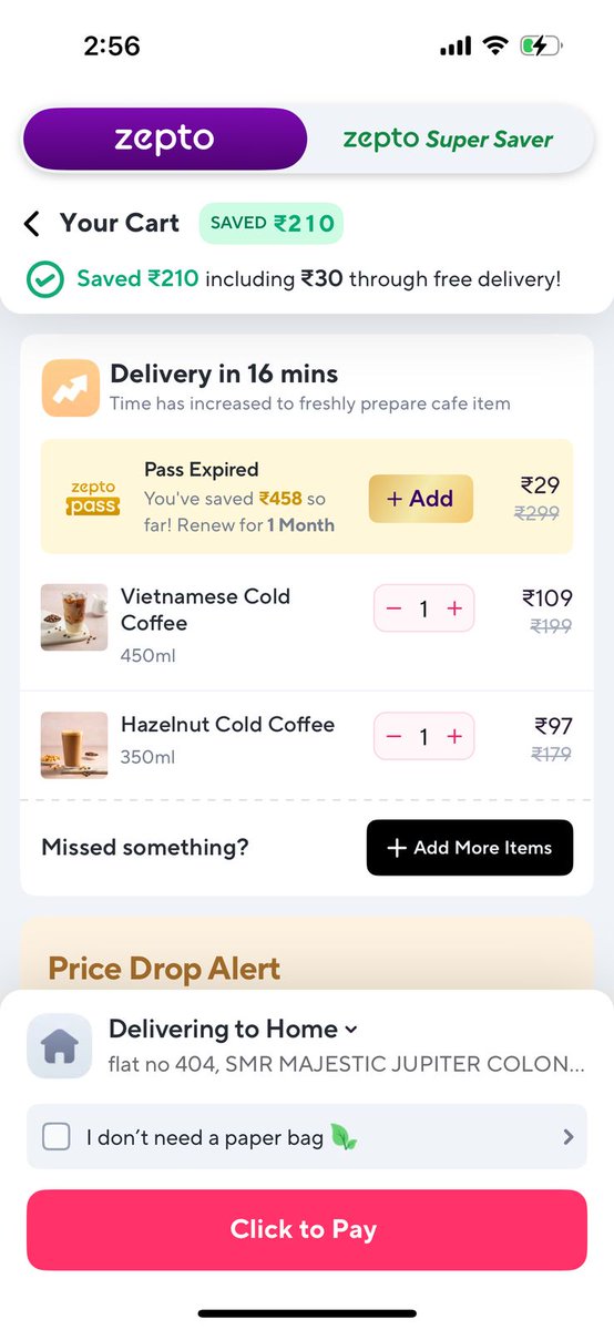 psr_sharma's tweet photo. @ZeptoNow  @zeptocares  why is there a huge price difference while ordering from the same address but different devices. Also the one that shows higher cost does also have a zepto pass. 

Such price discrimination! Need answer! https://t.co/xGKZwGESii