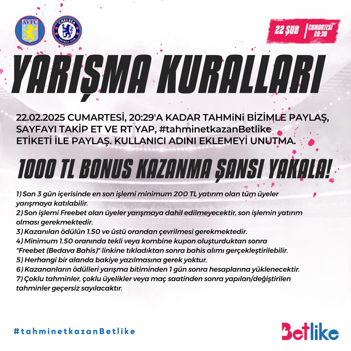 betlike4's tweet photo. Aston Villa -  Chelsea maçında Toplam Kaç  KORNER olur tahmin et,

✔️ Hesabı Takip et,
✔️#tahminetkazanBetlike etiketiyle RT'le,
✏️ Kullanıcı adını yaz,

‼️ 3 gün içinde son işlemi min. 50₺ yatırım olanlar katılabilir.

📢 Anlık duyurular için: https://t.co/vh18MDVDeo https://t.co/ECMrp3yS24