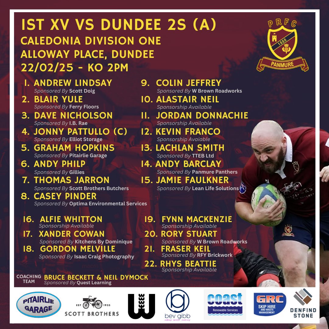 🚨 TEAM NEWS 🚨 

Panmure team to take on Dundee Rugby 2s at Alloway Place. Our penultimate league fixture this season so it would be great to see a big away support make the short trip. KO 2pm.
 
Forthill open after the game showing 🏴󠁧󠁢󠁥󠁮󠁧󠁿 vs 🏴󠁧󠁢󠁳󠁣󠁴󠁿

#PlayUpPanmure