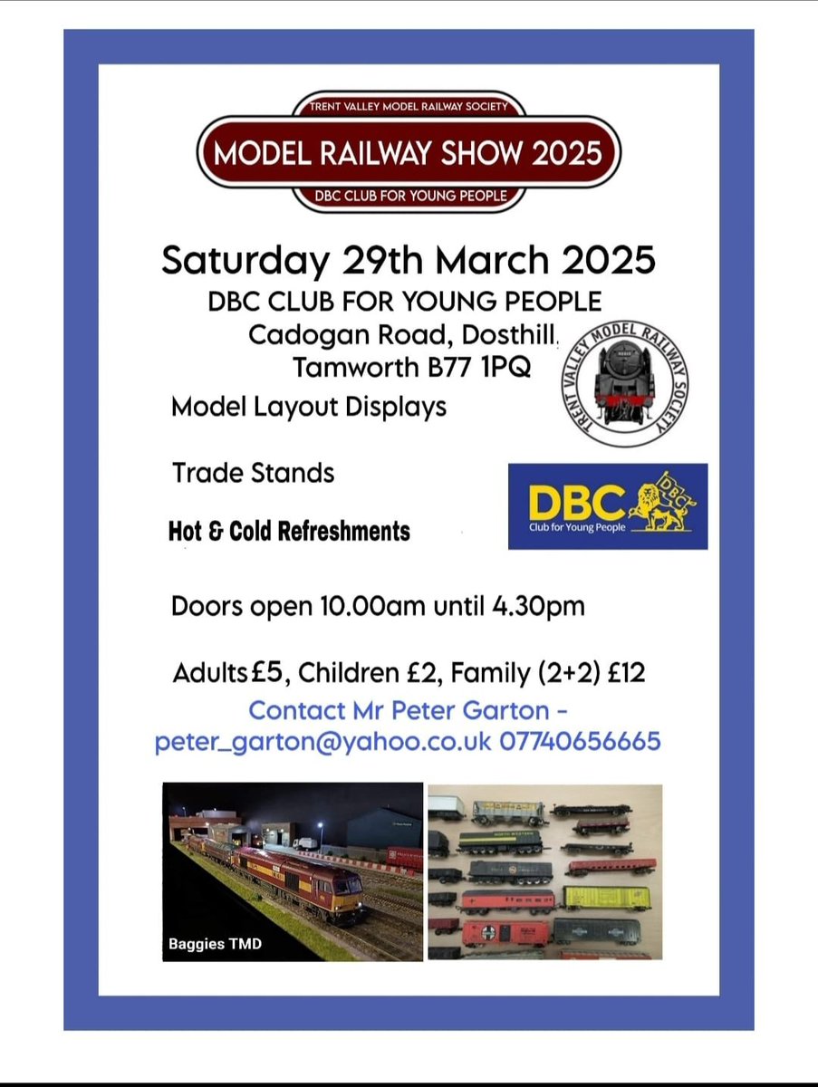### New Exhibition ###

Come and join us for the new Tamworth Exhibition on 29th March 2025 supported by the team who bring you the highly popular Lichfield Model Railway Exhibition see a variety of layouts and traders #tmrguk