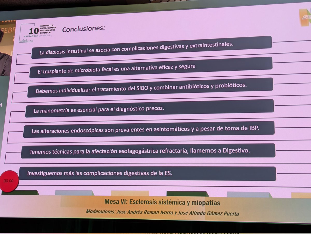 #simposioEAS25 🆕 Técnicas en afectación G-I en SSc:
🔴⬇️de bacterias productoras de butirato -&gt; ⬆️de Gram (-) que ⬆️ la inflamación por LPS llevando a daño tisular: tests de disbiosis?
🔴 Manometría-HR
🔴EnteroRM, cuantitativa +/- PET
🔴EDA terapéutica, cápsula/enteroscopia