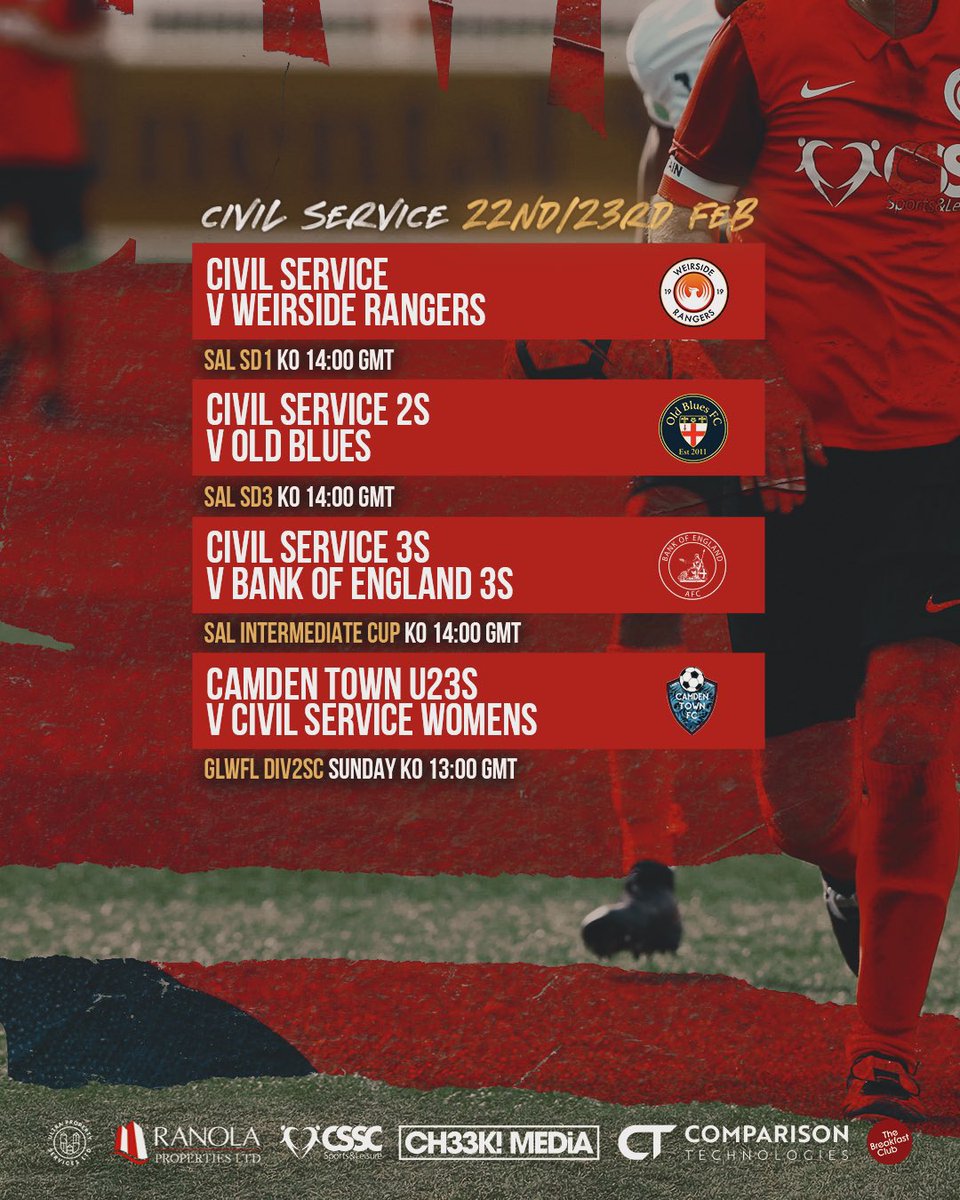 csfc1863's tweet photo. Weekend fixtures 🔴⚽️
1s v @weirsiderangers
2s v @OldBluesFC
3s v @BoE_AFC
Sunday
@csfcwomen (away) v @camdentownwfc u23s
#forzacivil https://t.co/b7M7Faywtd