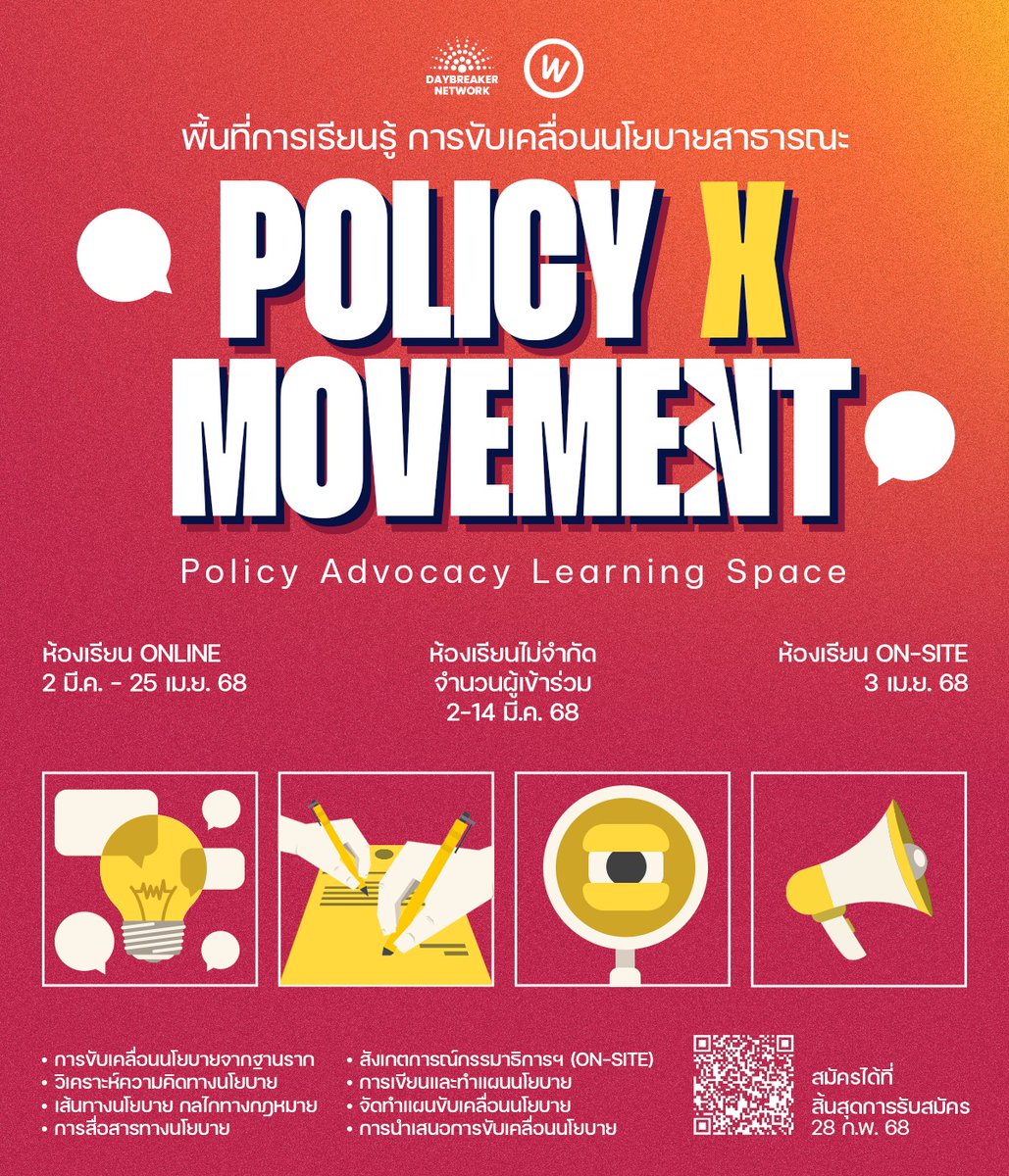 newinreallife's tweet photo. [POLICY X MOVEMENT]

ชวนประชาชนทุกภาคส่วนมาร่วมเรียนรู้ใน "พื้นที่การเรียนรู้การขับเคลื่อนนโยบาย" หลักสูตรออกแบบโดย #WeFair

สมัครได้ถึง 28 ก.พ. 68 นี้: https://t.co/UAXnLx99tf

กำหนดการ
- ออนไลน์ 2 มี.ค. – 25 เม.ย. 68
- ออนไซต์ 3–4 เม.ย.

#DayBreakerNetwork #รัฐสวัสดิการ https://t.co/uU9u50siBi