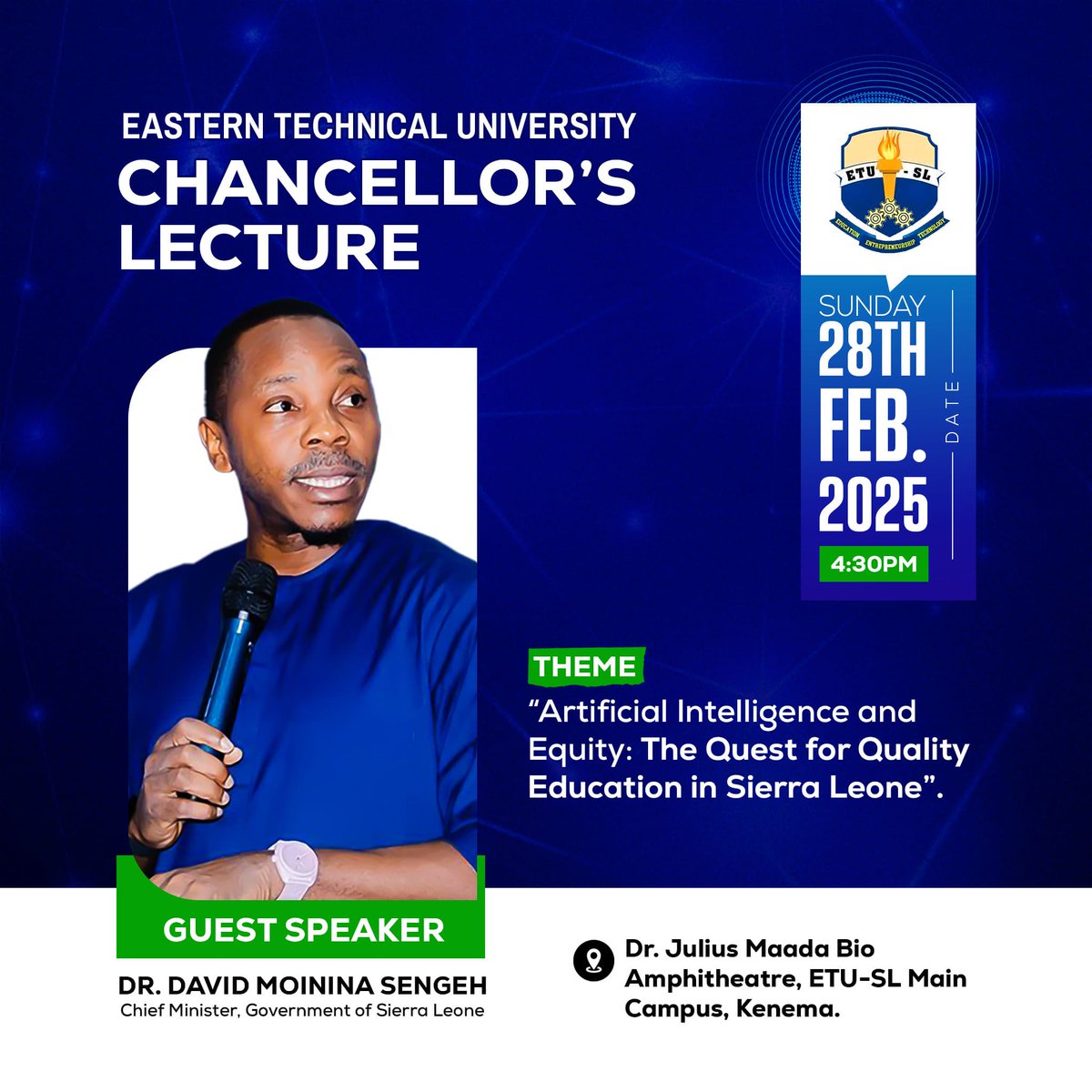 On Feb 27th, 2025, I'll be at Eastern Technical University to deliver the Chancellor's Lecture. The topic is central to my vision for change in Sierra Leone: "Artificial Intelligence and Equity: The Quest for Quality Education in Sierra Leone." #WeWillDeliver
YOU ARE ALL INVITED!
