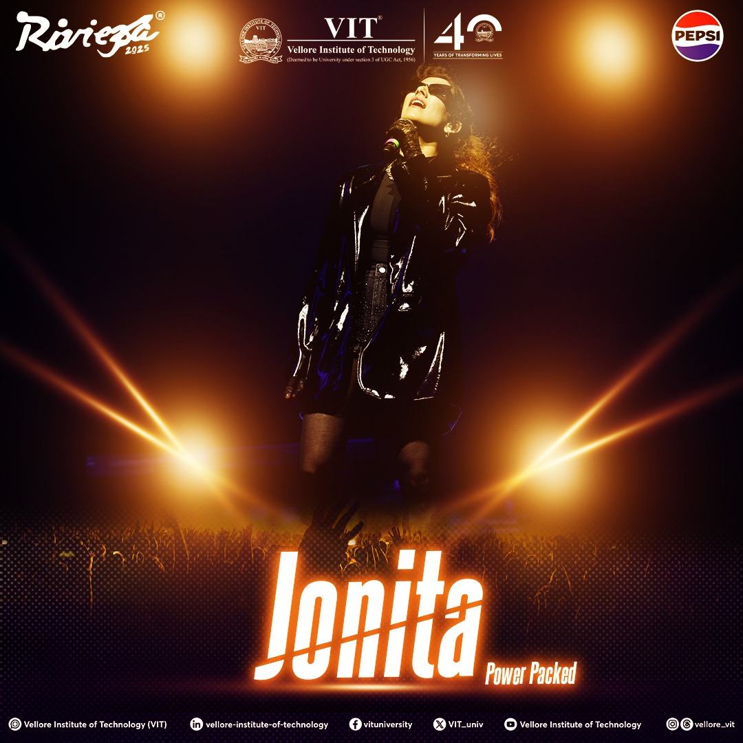 VIT_univ's tweet photo. Jonita brought the house down at Riviera 2025! 

Her voice was absolutely stunning, and her performance was electrifying.  
The energy in the crowd was insane! 

Comment your favorite tracks below.

#Riviera2025 #Jonita #Proshows #MusicalNight #RhythmofTheRealm #VIT https://t.co/o3Nolk6SVo