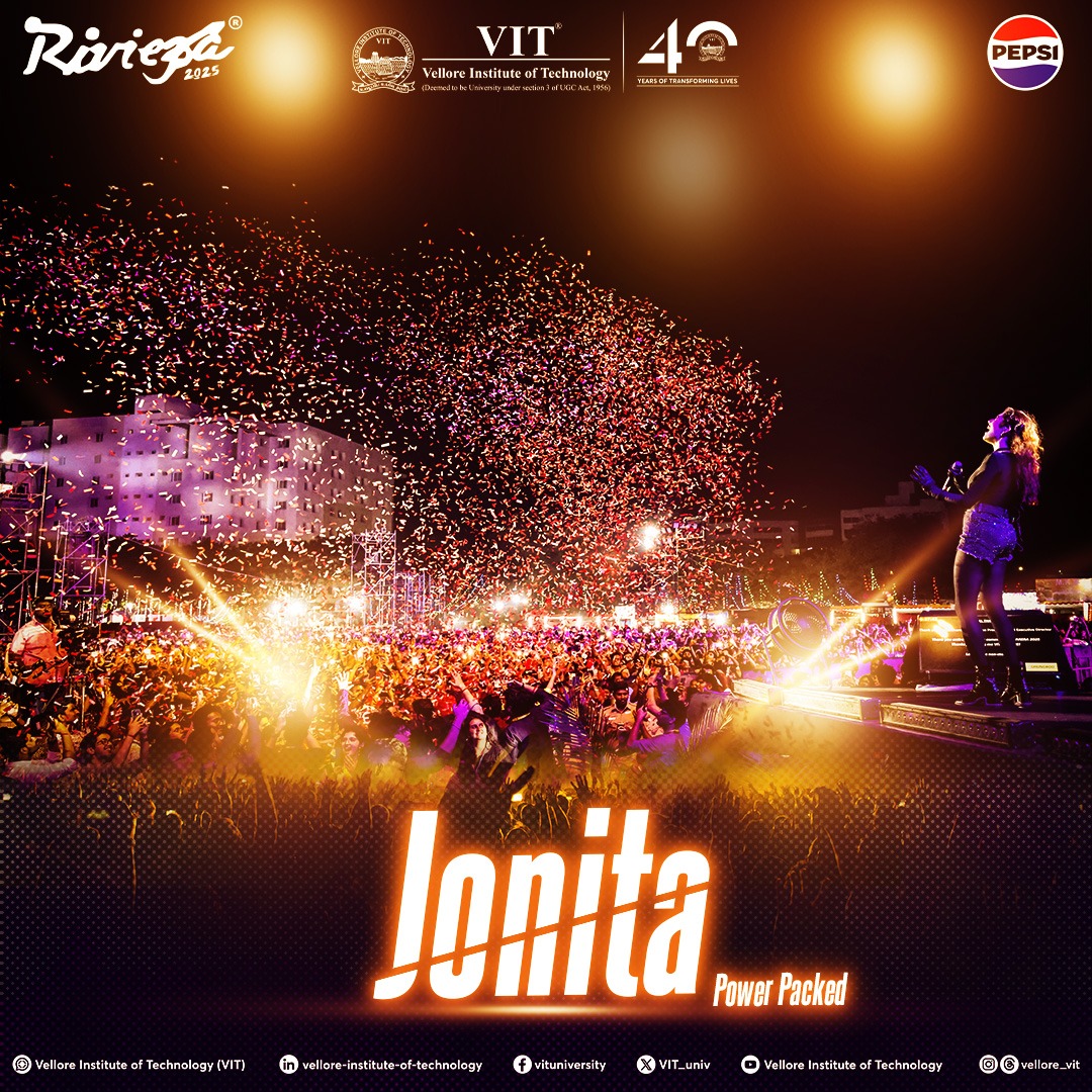 VIT_univ's tweet photo. Jonita brought the house down at Riviera 2025! 

Her voice was absolutely stunning, and her performance was electrifying.  
The energy in the crowd was insane! 

Comment your favorite tracks below.

#Riviera2025 #Jonita #Proshows #MusicalNight #RhythmofTheRealm #VIT https://t.co/o3Nolk6SVo