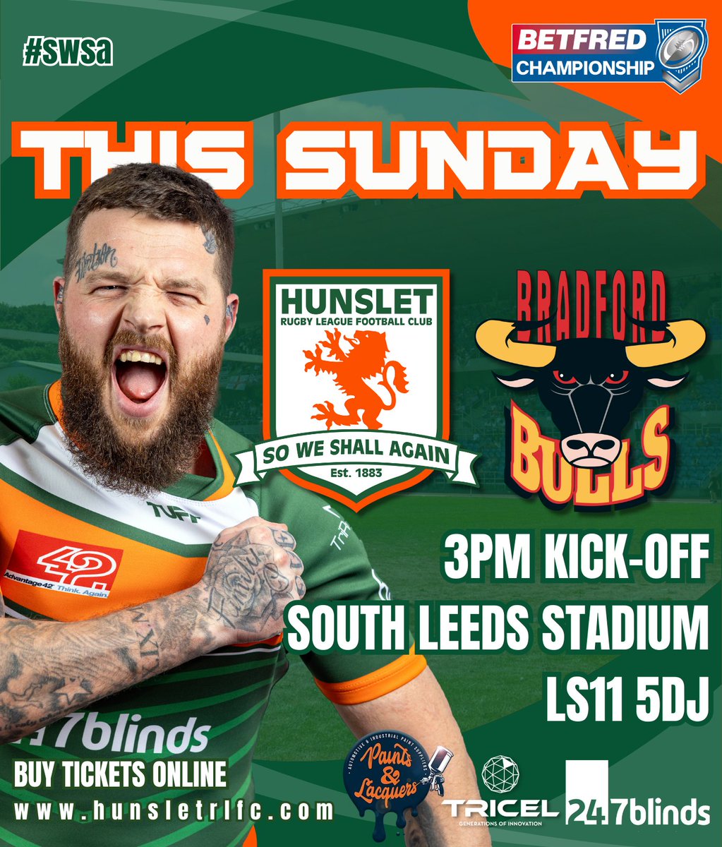 📅 | 𝗧𝗵𝗶𝘀 𝗦𝘂𝗻𝗱𝗮𝘆 🆚 𝗕𝗿𝗮𝗱𝗳𝗼𝗿𝗱 𝗕𝘂𝗹𝗹𝘀

Tickets on sale now 👇

📲 | hunsletrflc.ticketco.events/uk/en/e/champi…

#swsa