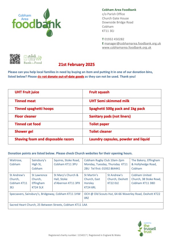 Thank you for your amazing support especially during Harvest and Christmas! Please see our essential items list below and if you can please donate any of these collection points can be found here:  cobhamarea.foodbank.org.uk/give-help/dona…
Every item makes a difference.