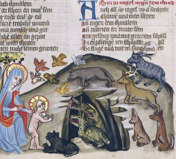 "They only want to play, sweetie."

Rudolf von Ems, Weltchronik, Regensburg ca. 1400-1410