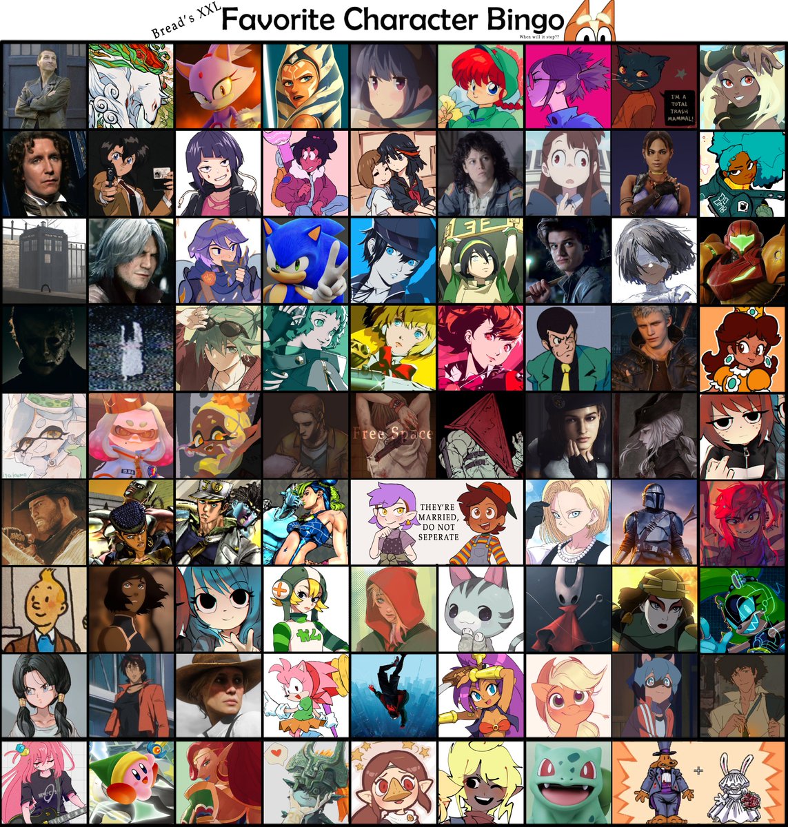 its_breadd's tweet image. I saw Favourite Character Bingo is coming back around on my feeds again,  so I stayed up until 5am updating mine for some reason! Help!!  

And, yes, I did quadruple the size of the template bc i could not  choose. Try to get a Bingo - I DARE ya &amp;gt;:D