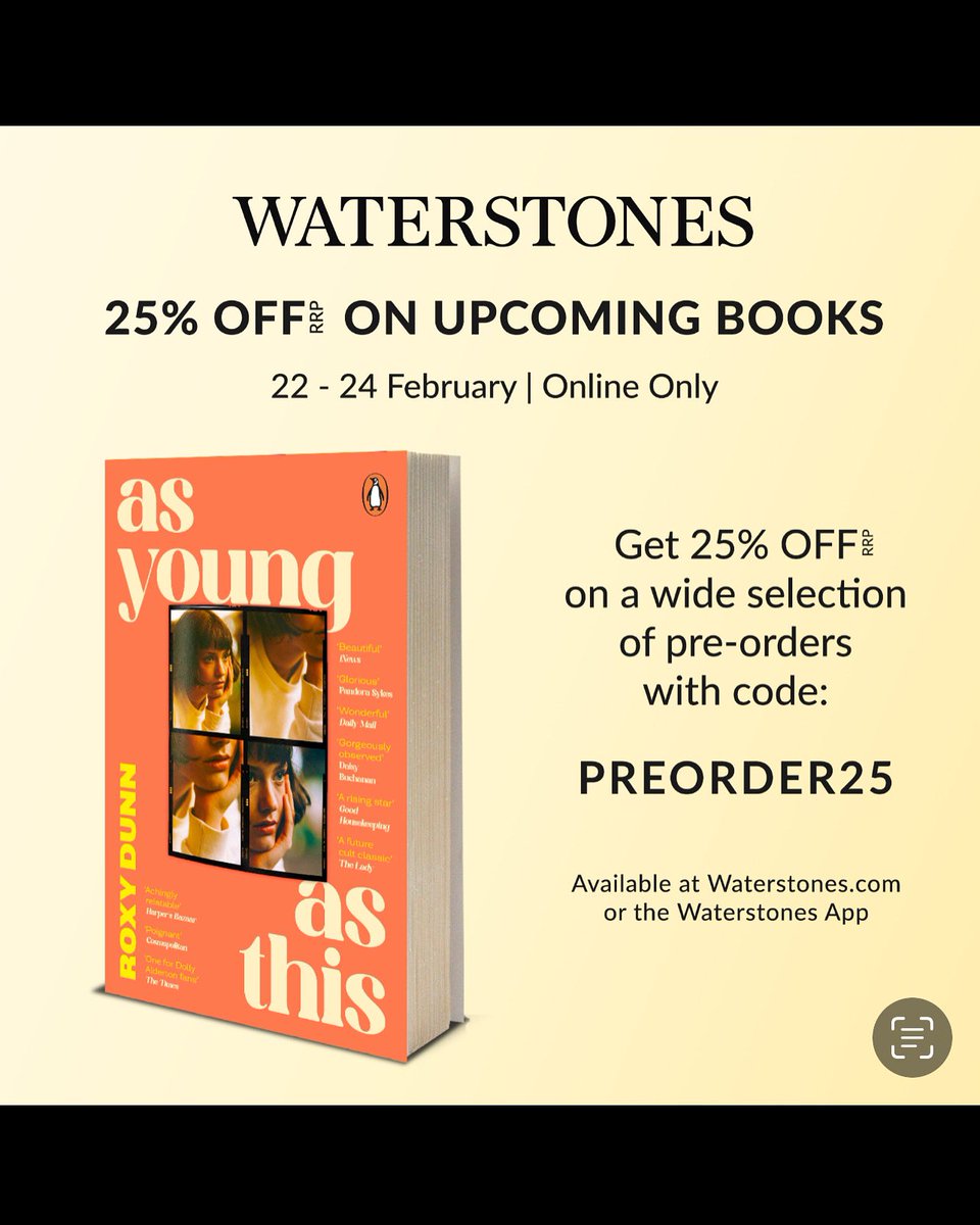 Roxy Dunn (@roxanadunn) on Twitter photo As Young as This paperback (looking very cool with its lower case lettering and quotes) is available to buy <a href="/Waterstones/">Waterstones</a> with 25% off - this weekend only!
Customers will need to enter “PREORDER25” at the checkout to redeem the offer to receive 25% off RRP. As Young as This paperback (looking very cool with its lower case lettering and quotes) is available to buy <a href="/Waterstones/">Waterstones</a> with 25% off - this weekend only!
Customers will need to enter “PREORDER25” at the checkout to redeem the offer to receive 25% off RRP.
