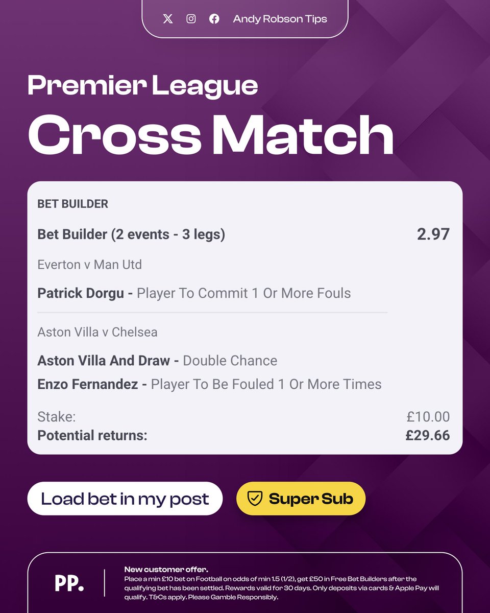 AndyRobsonTips's tweet photo. 🏆 I’m all over this Premier League Cross Match

Load bet: https://t.co/yNrp5fPwPC

Join Paddy Power to be covered by Super Sub and get £50 in Free Bets

Claim offer: https://t.co/0fUJikswNa

✏️ Full research in the first reply

📺 Both games televised

18+, T&amp;Cs Apply. Ad. https://t.co/KP3Z9ctG8Y