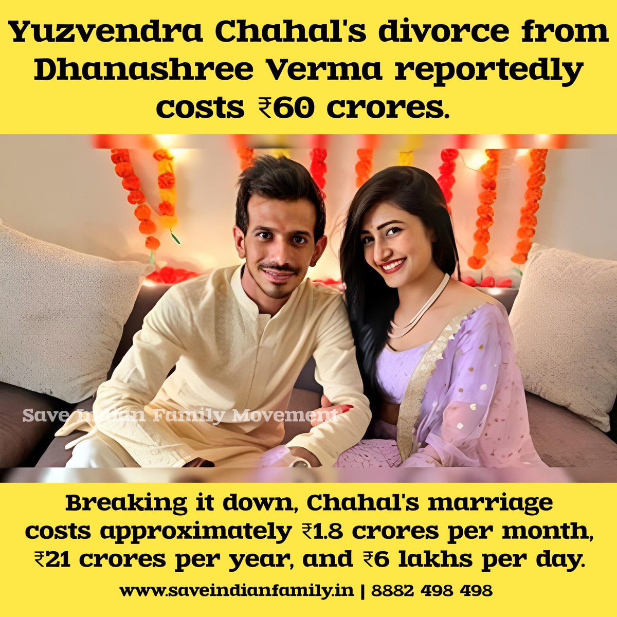 NavneetSahu's tweet photo. #Chahal's divorce from #DhanashreeVerma reportedly costs ₹6 lakhs per day.
This is an astonishingly high cost, highlighting how expensive Chahal's marriage turned out to be.
#YuzvendraChahal #yuzichahal #dhanashreeverma #Divorce #Alimony #SatyagrahaForMen #SifHyd #SaveTheMales https://t.co/QHm7SStGOt