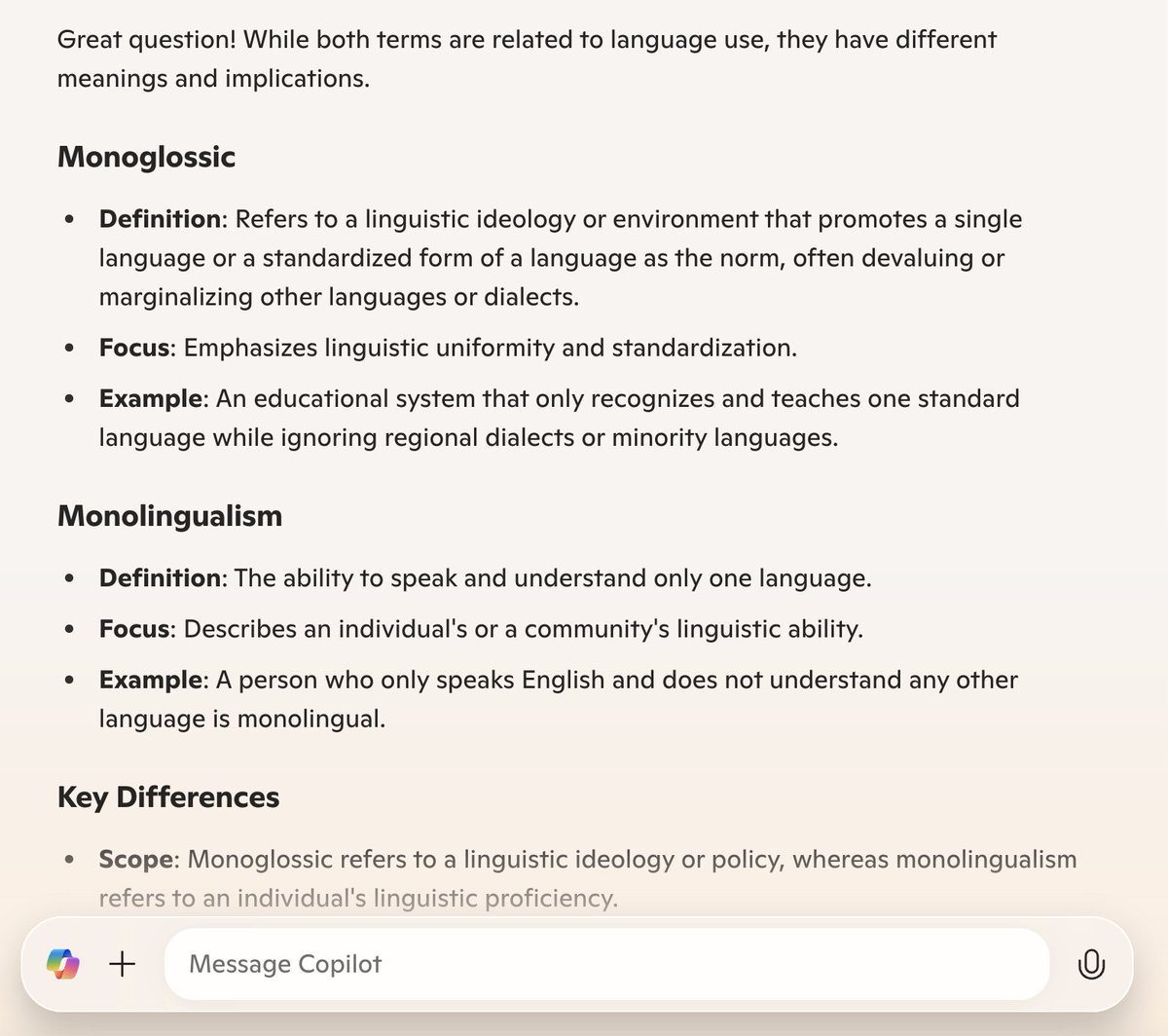 Aaaaaaaaah_nice's tweet photo. I came across the concepts of monoglossia &amp; heteroglossia. I had a hard time digesting the underlying concept behind those words so I employed AI to help me understand the concept.

It worked somewhat as it managed to explain the difference between monoglossia and monolingualism. https://t.co/My7FJeNeOt